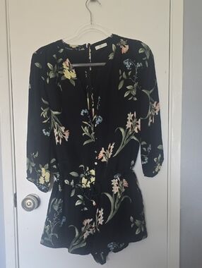Joie Black Floral Long-Sleeve Romper with Pastel Blooms